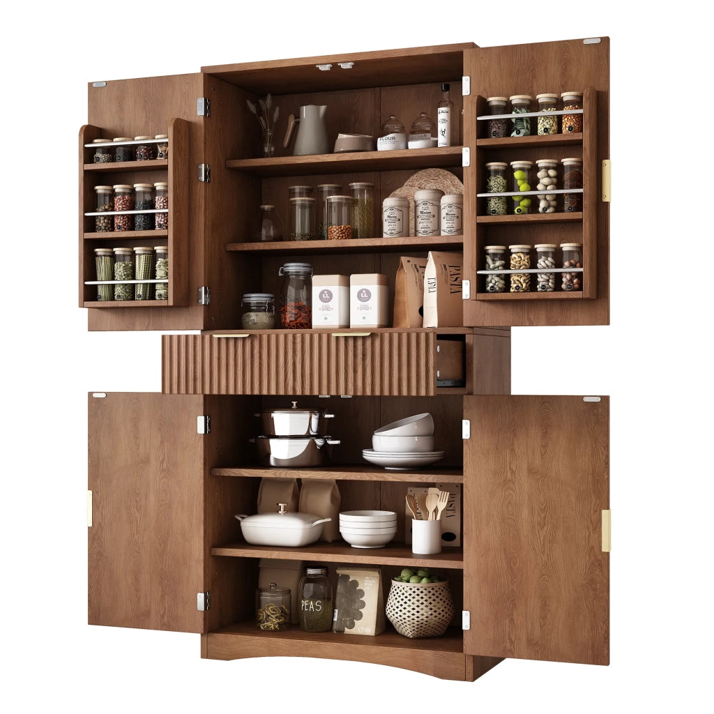 Armadio da cucina e dispensa con ante a griglia, cassetti e ante, colore noce, per cucina e soggiorno