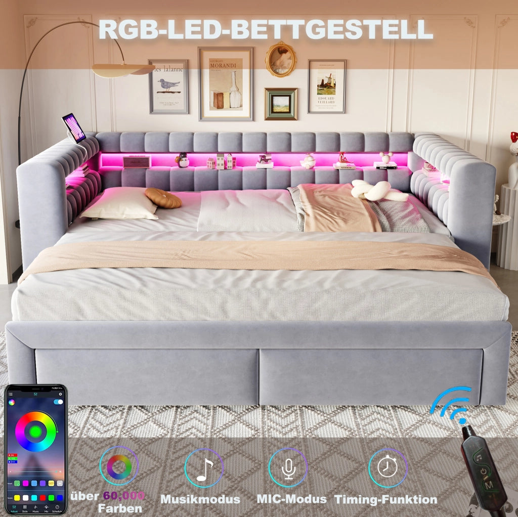 DIVANO LETTO Estraibile 90x190 cm Velluto Grigio Chiaro con LED e USB/Type-C