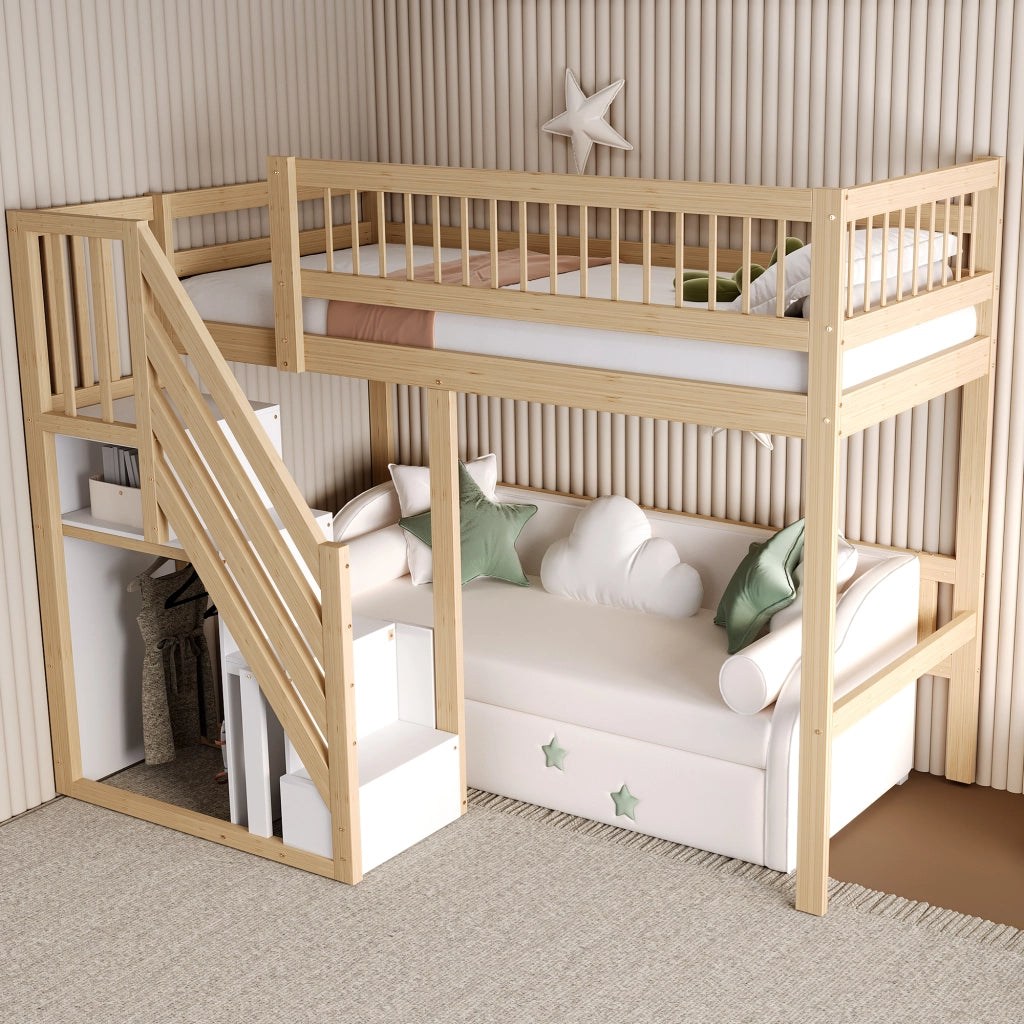 Letto a soppalco 90 × 200 cm con scala contenitore e sponde alte in legno colore naturale