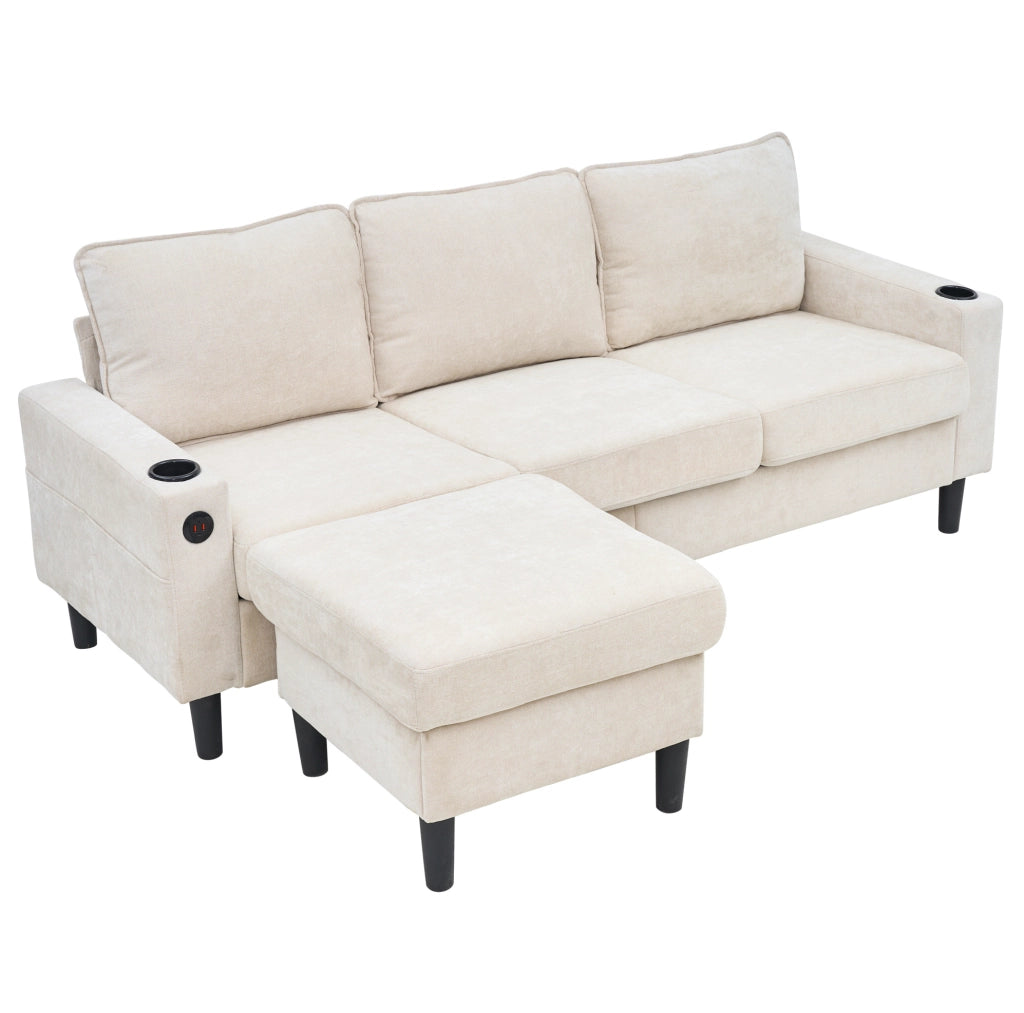 Divano angolare 202x137x80 cm in lino beige con pouf, USB, USB-C e portabicchieri