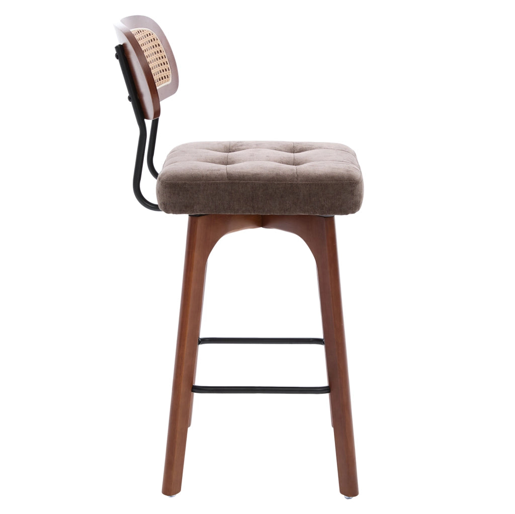 Set di 2 sgabelli da bar girevoli a 360°, con schienale in rattan e seduta imbottita in chenille, stile Mid-Century, colore marrone