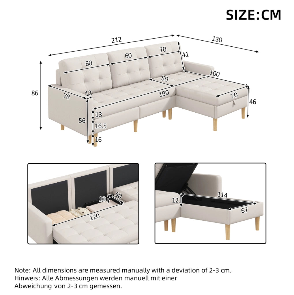 Divano angolare con chaise longue reversibile e contenitori; 212 × 130 × 86 cm; beige