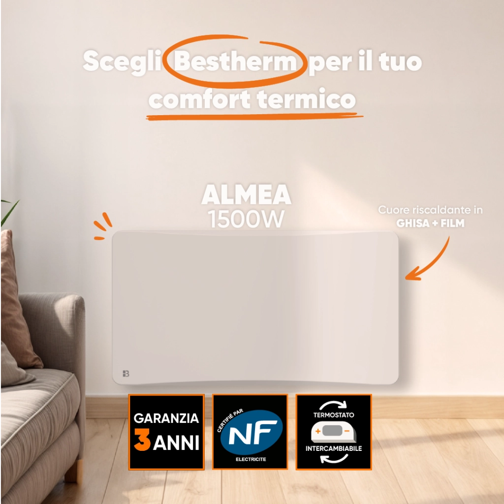 Radiatore elettrico fisso ad inerzia secca ghisa + pellicola + plug & play 1500W ALMEA orizzontale bianco