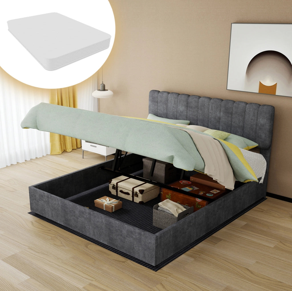 Letto imbottito moderno 160x200 cm con testiera morbida e contenitore grigio