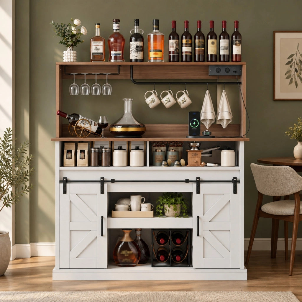 Mobile bar caffè 120 cm con prese USB; portabicchieri e ante scorrevoli HOMVRA