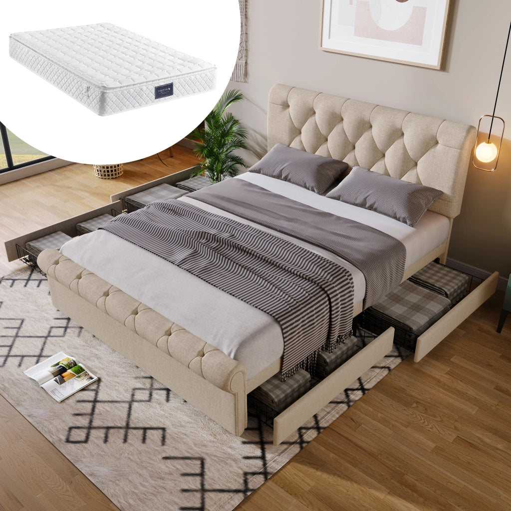 Letto Matrimoniale 140x200 cm; con 4 Cassetti e Testiera Regolabile in Tessuto Natural