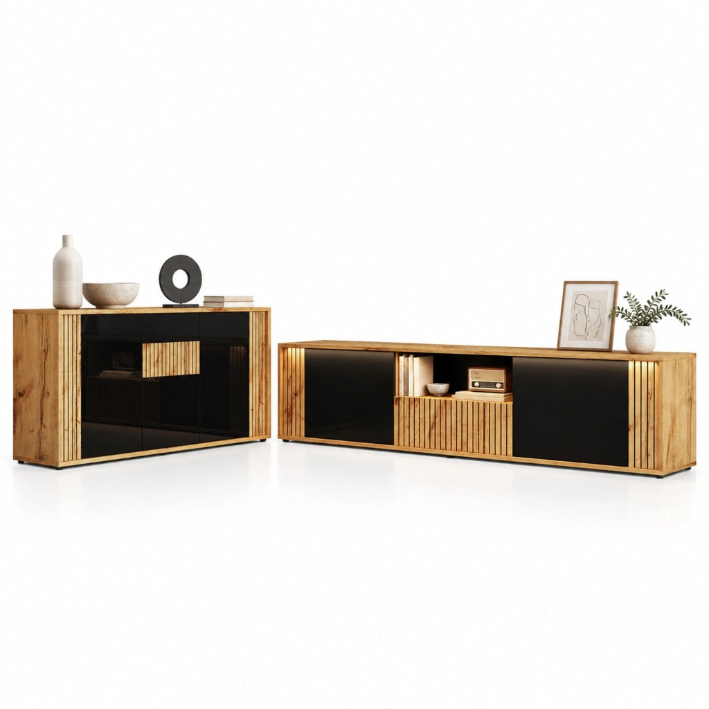MOBILE TV e Madia Set da 2 pezzi Nero e Legno 180 cm + 140 cm