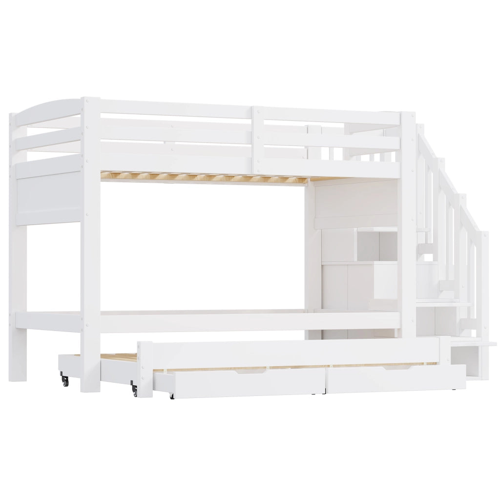 Letto a castello 90x200 cm bianco con letto estraibile; 2 cassetti; scala contenitore e armadio