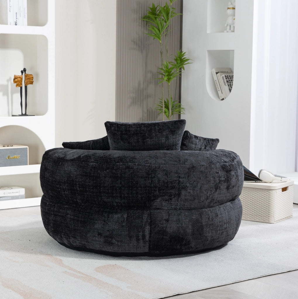 Poltrona sacco singola in ciniglia nera con schienale alto e braccioli; 108 × 108 × 52 cm