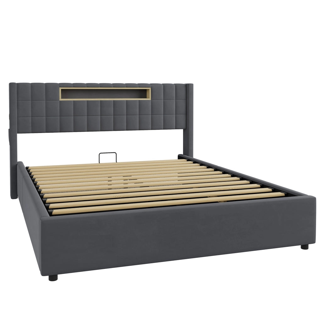 Letto matrimoniale con contenitore idraulico e LED 160x200 cm in velluto grigio scuro, senza materasso