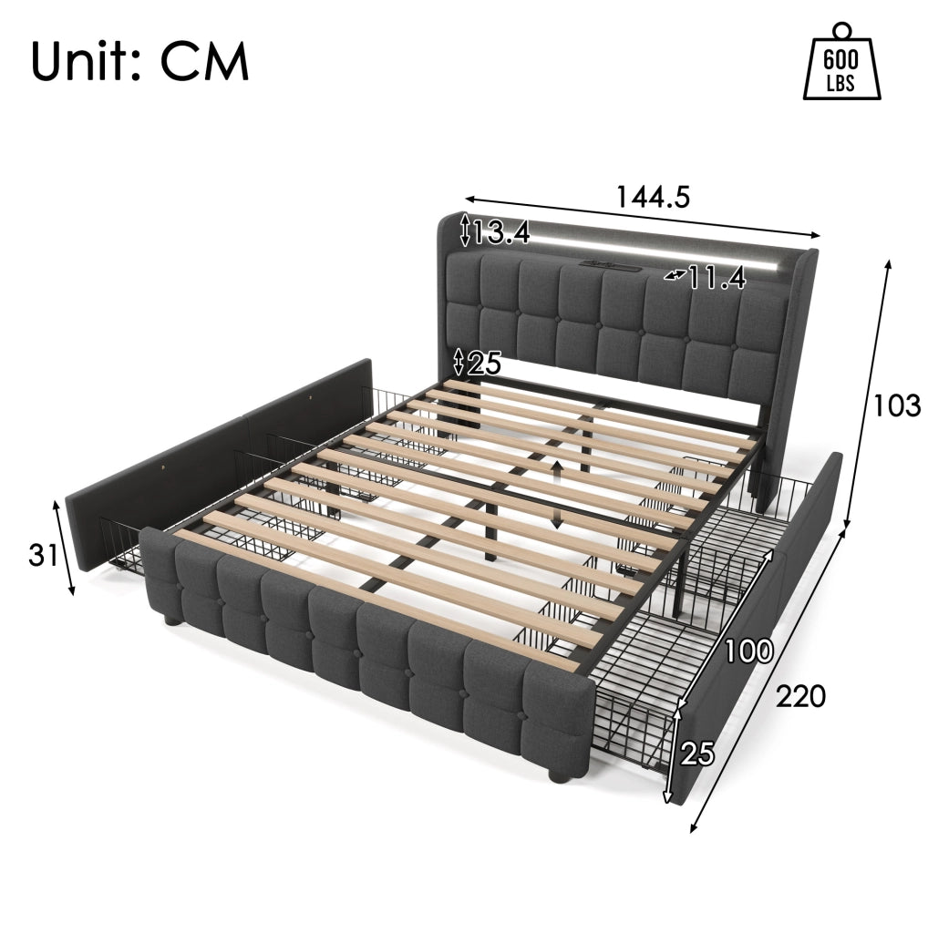 Letto 140x200 cm con LED, prese USB, 4 cassetti e rete a doghe in legno grigio