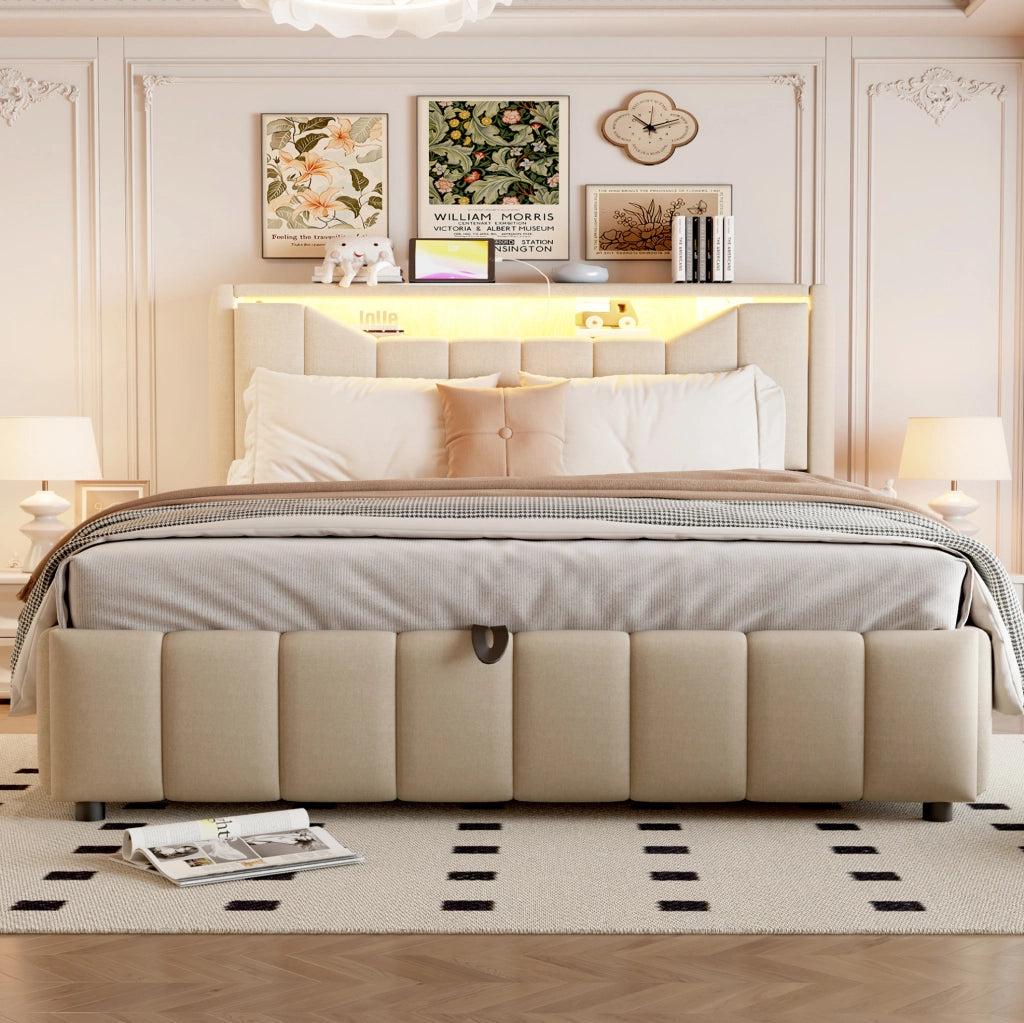 Letto imbottito contenitore 140 x 200 cm beige con LED, porte USB e USB-C