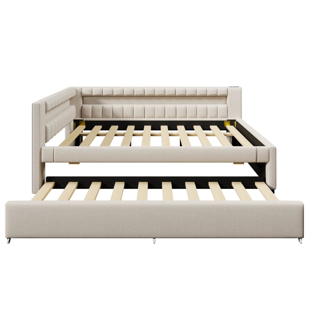 Letto Daybett in Lino Beige 140x200 cm con Letto Estraibile, Striscia LED a Telecomando, USB e Type-C