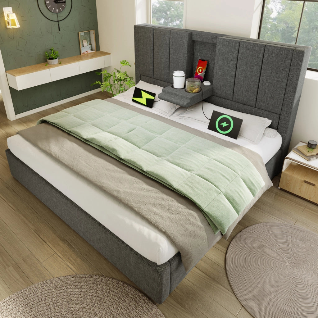 Letto Matrimoniale 160x200 cm Letto Contenitore Idraulico con Stazione di Ricarica e Portabicchieri; Imbottito in Lino; Grigio