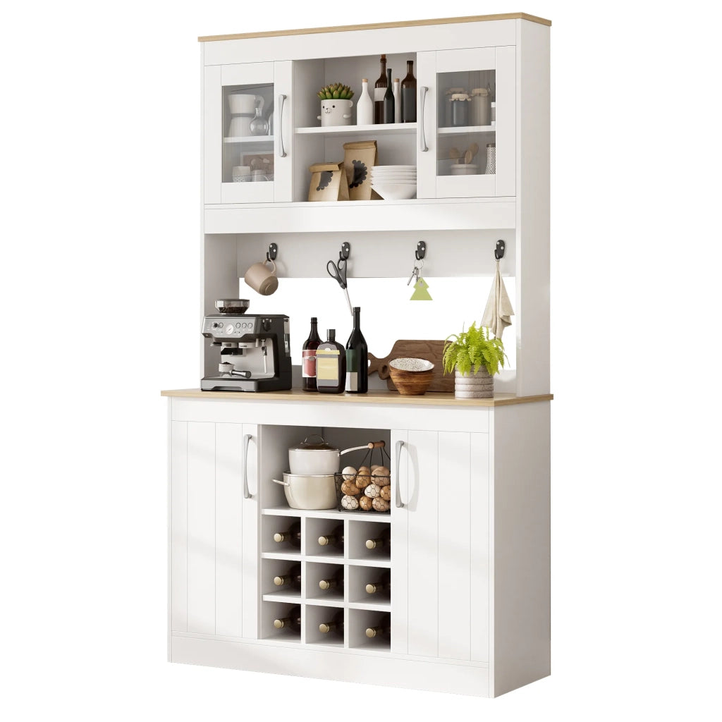 Credenza da cucina con vetrina 175 cm, mobile porta piatti con ripiano vini e appendiabiti, per cucina, sala da pranzo e soggiorno
