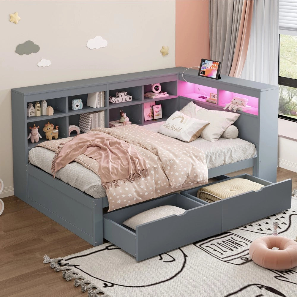 Letto Singolo in Legno Massello con Contenitore, LED e USB ¨C MINIMAL ¨C Grigio 90x200