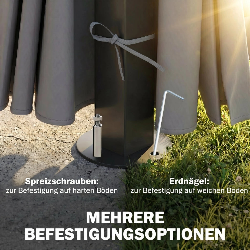 Gazebo da giardino 3 x 3 m con tetto in policarbonato, struttura in alluminio grigio scuro e tende con zanzariera, resistente e pratico