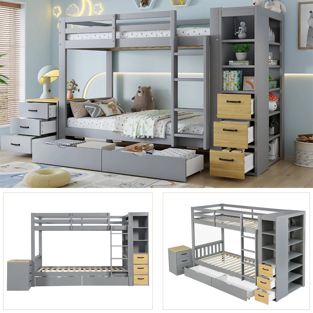 Letto a Castello Bambini LEMONMAX 90x200 cm con 2 Cassetti, Mobile Laterale con Ripiani, Scala Integrata e Comodino Modulare, Legno e MDF