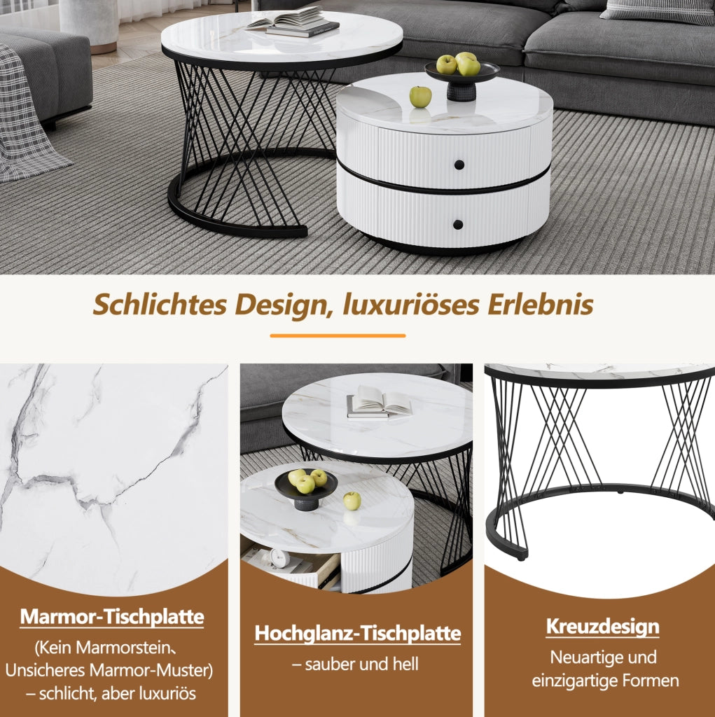 Set di 2 tavolini da caffè rotondi a incastro in MDF; bianco; 2 cassetti; 60×60×46 e 50×50×31 cm