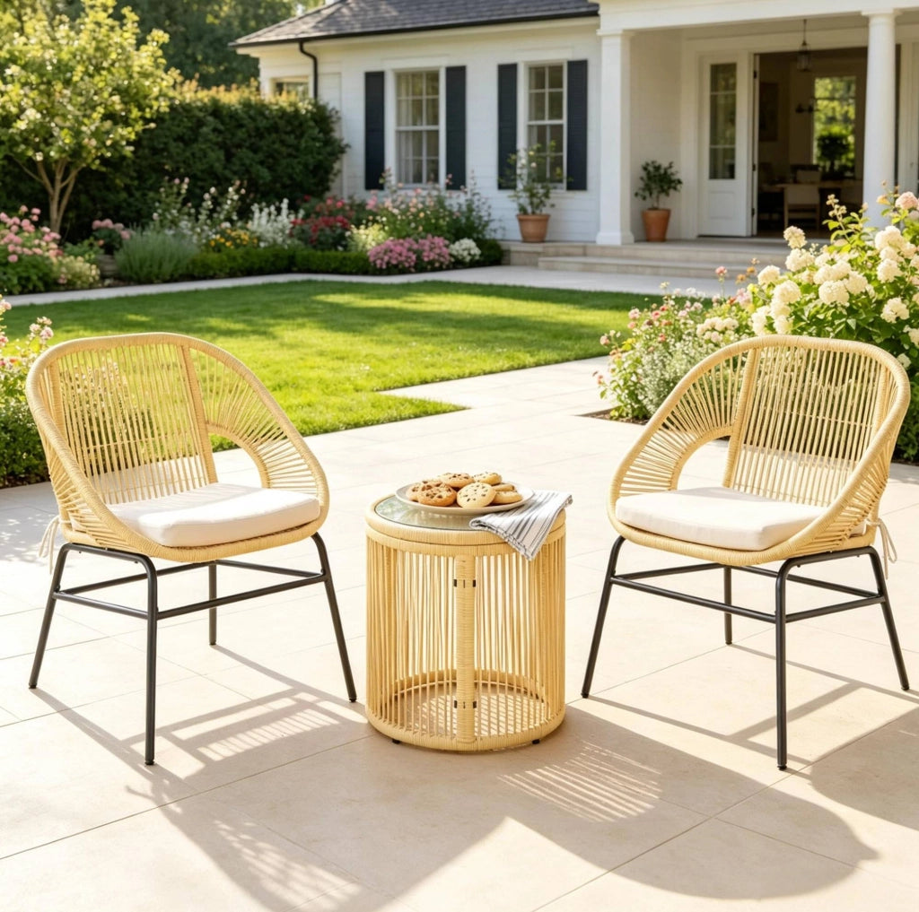 Set Salotto da Esterno 2 Posti con Tavolo Rotondo in Vetro Temperato e Poltrone in Rattan Beige
