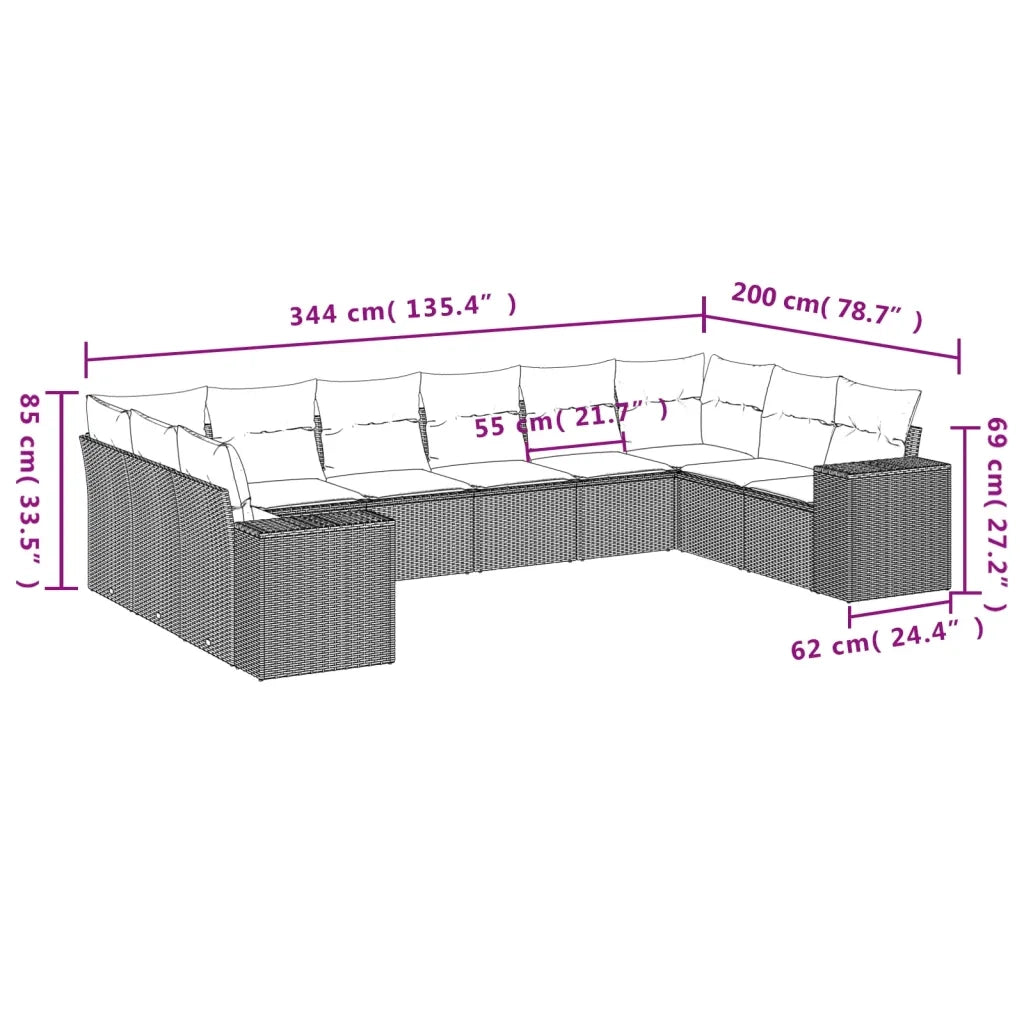 Set Divani da Giardino 10 pz con Cuscini Nero in Polyrattan 3223066