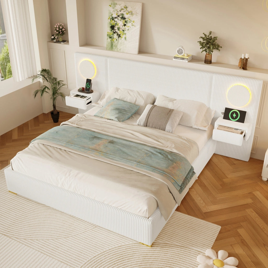 Letto imbottito 180x200 cm con LED, USB e comodini con cassetti in velluto beige