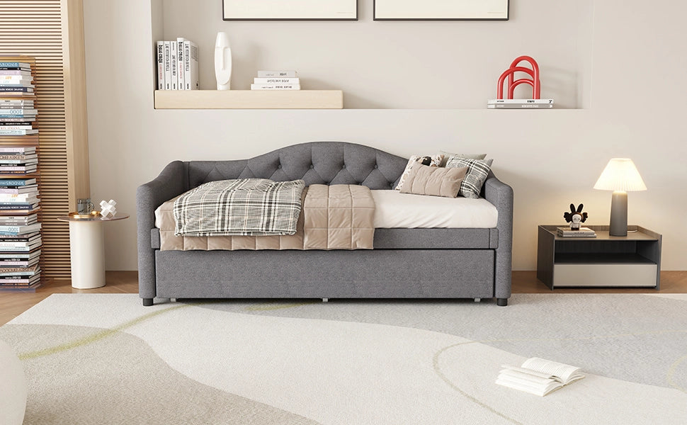 Letto singolo con letto estraibile 90 × 200 cm in lino e mdf grigio con rete a doghe e 12 listelli