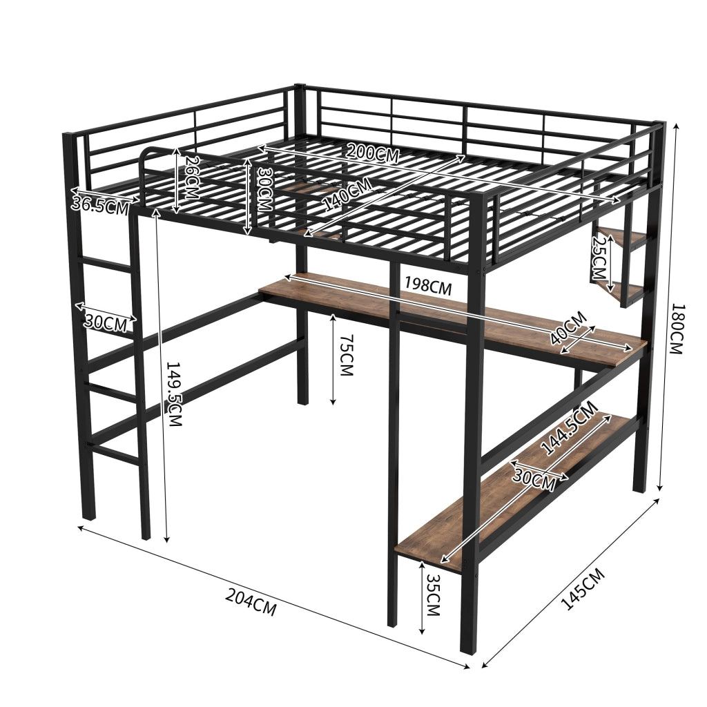 Hochbett 140x200 cm in metallo nero con scrivania, libreria e scaletta, senza materasso