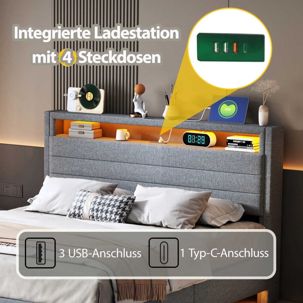LETTO Imbottito Contenitore 140x200 cm Grigio con USB e LED