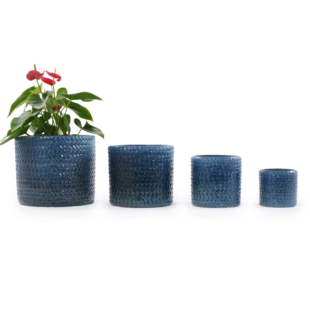 Set di 4 Vasi in Ceramica fatta a Mano, Ø37/31/24,5/17,5 cm, Blu Scuro Lucido con Rilievo a Spina di Pesce, Drenaggio Integrato per Interni e Giardino