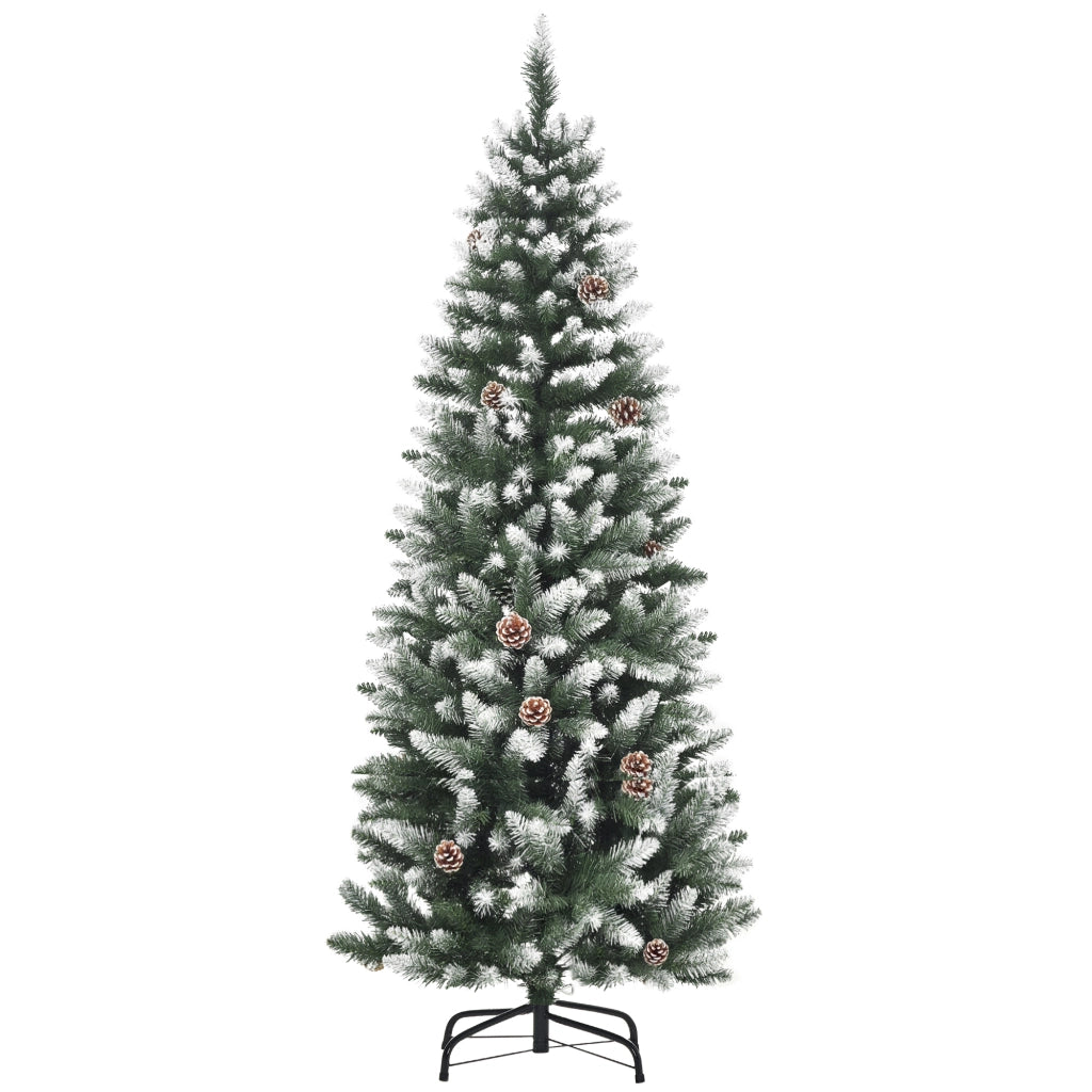 Albero di Natale Innevato 150 cm in Plastica e Metallo Verde e Bianco con 464 Rami e 28 Pigne Facile da Montare Robusto per Casa