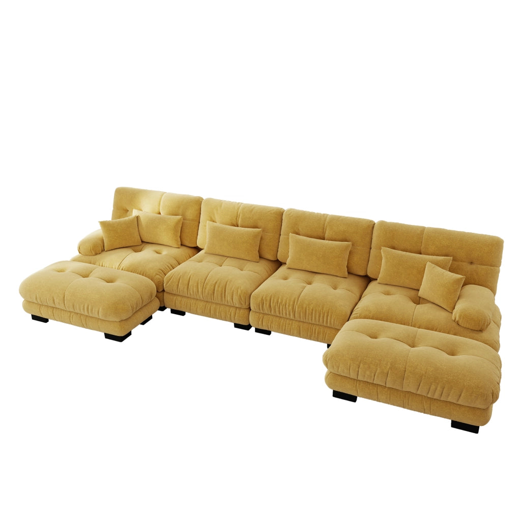 Divano modulare angolare a U 4 posti in tessuto vintage Chenille giallo con pouf mobile