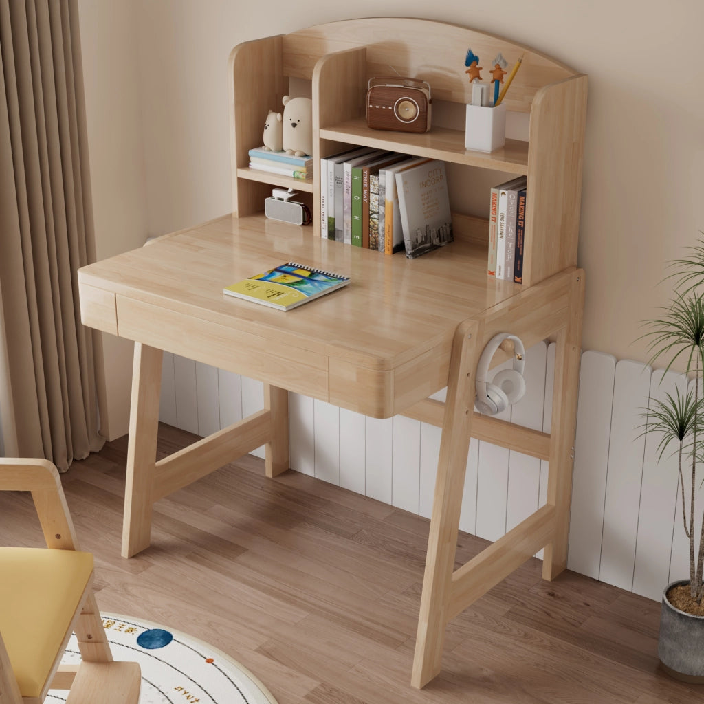 Scrivania lineare per bambini con altezza regolabile cassetto vano portaoggetti e gancio in legno naturale 60 × 88,2 × 118 cm