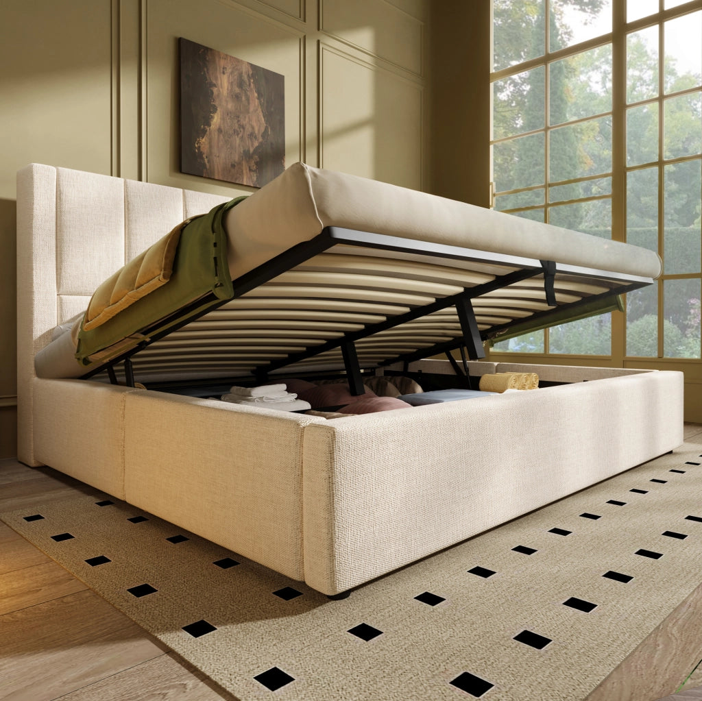 Letto matrimoniale imbottito 160x200 cm con contenitore, presa USB e portabicchieri
