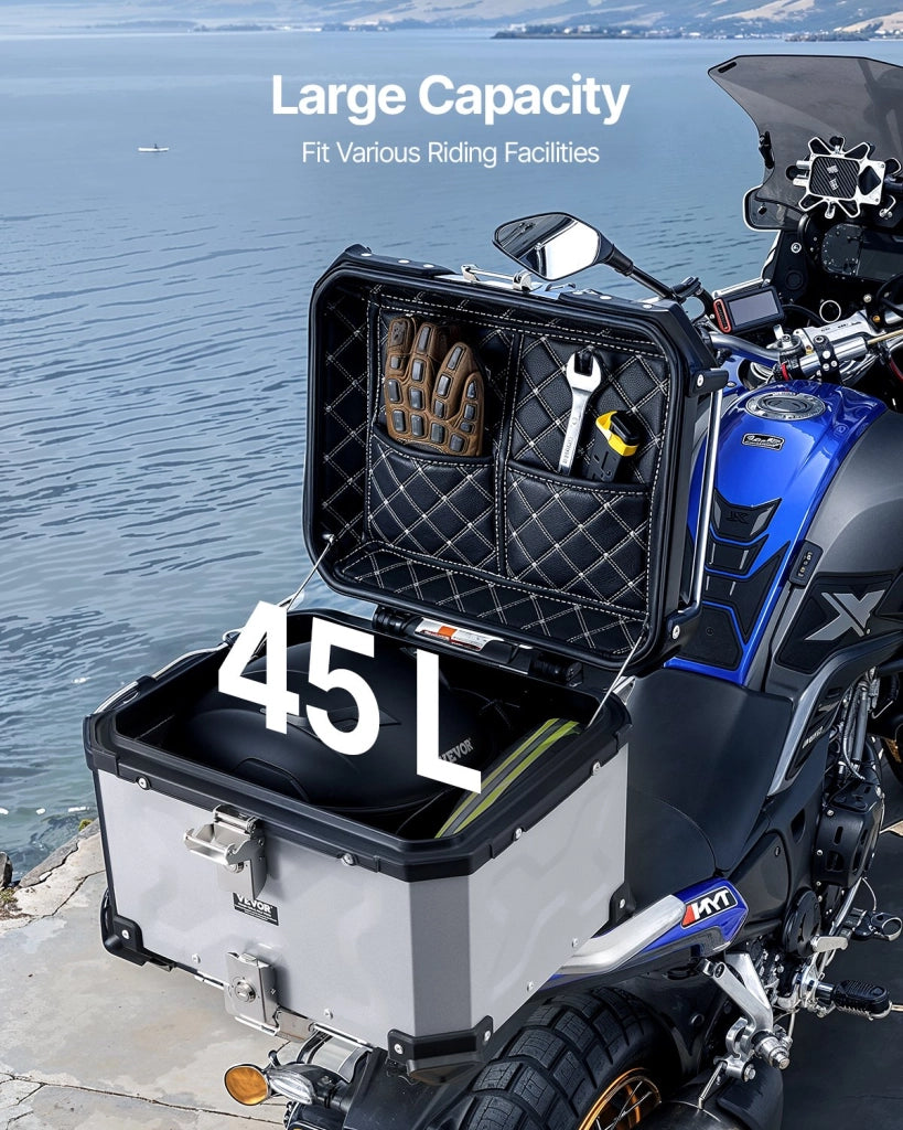 Bauletto per Moto 45 L in Lega di Alluminio 435 x 378 x 348 mm Bauletto Posteriore Universale Impermeabile con Serratura Argento