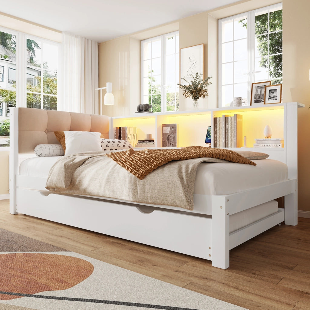 Letto singolo 90 × 200 cm con letto estraibile legno bianco ripiani laterali USB e luce LED dimmerabile