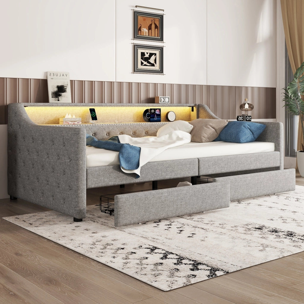 Letto divano singolo 90 × 200 cm con 2 cassetti; USB e LED regolabile; senza materasso; in lino; grigio