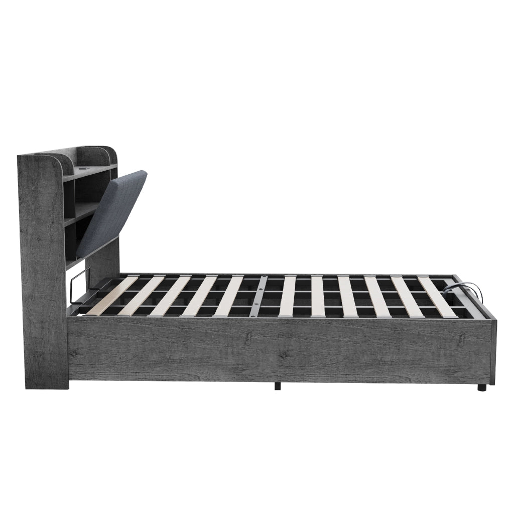 Letto contenitore 180 × 200 cm con sollevamento idraulico testiera con vani USB e Type-C in MDF grigio