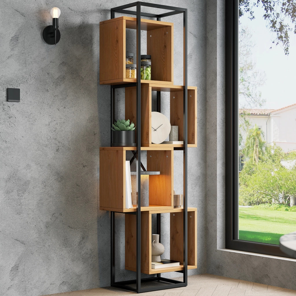 Scaffale verticale a 4 vani in MDF e ferro; nero e marrone; 59×30×180 cm