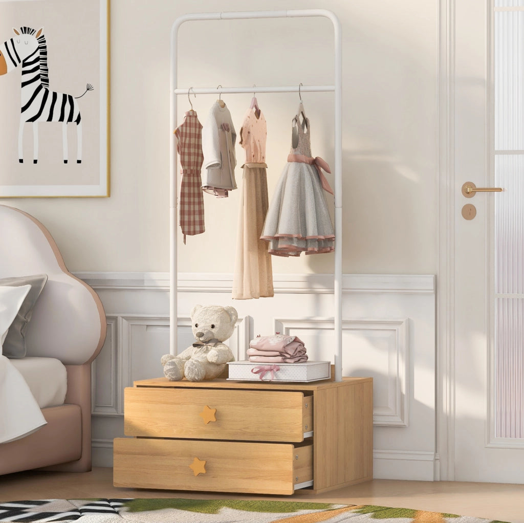 Appendiabiti per bambini con 2 cassetti, maniglie a stella, struttura in legno 70×55×168 cm, colore legno