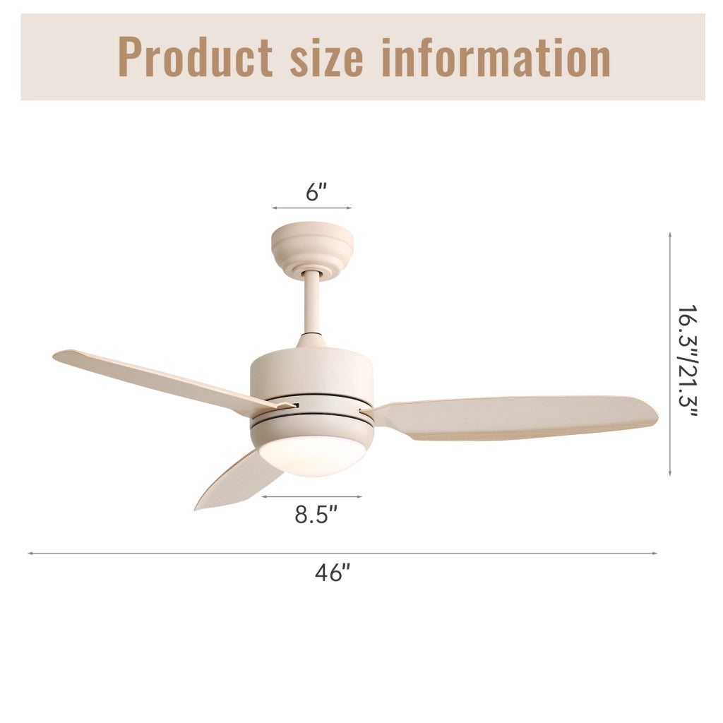 Ventilatore da soffitto 46 pollici con luce LED 3 colori, pale in ABS, motore DC reversibile e telecomando