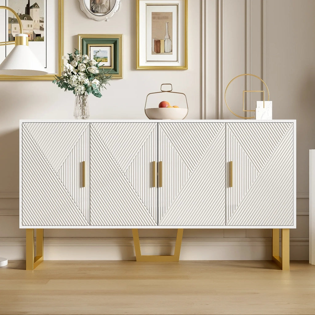 Maderna moderna bianca 150 cm, 4 ante con maniglie dorate, ante strutturate lucide, ripiani regolabili in altezza