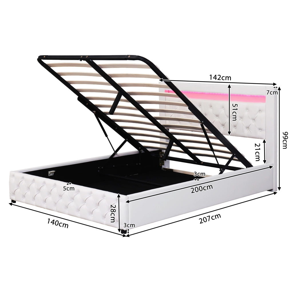 Letto matrimoniale imbottito 140x200 cm con rete a doghe; contenitore e LED; bianco in PU
