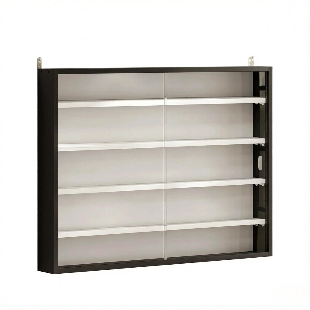 Vetrina da parete 80x9.5x60 cm con 4 ripiani regolabili in vetro e truciolare