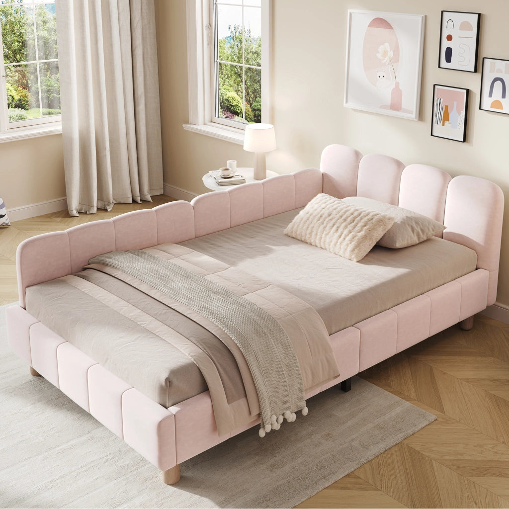 Letto singolo imbottito per bambini 90x200 cm in velluto rosa con testiera ergonomica