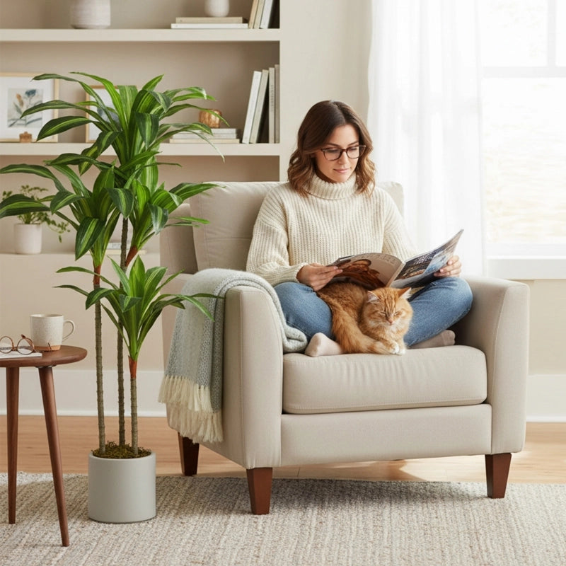 Dracaena artificiale 120 cm con fusti modellabili e vaso bianco in PP; pianta decorativa verde per casa e ufficio