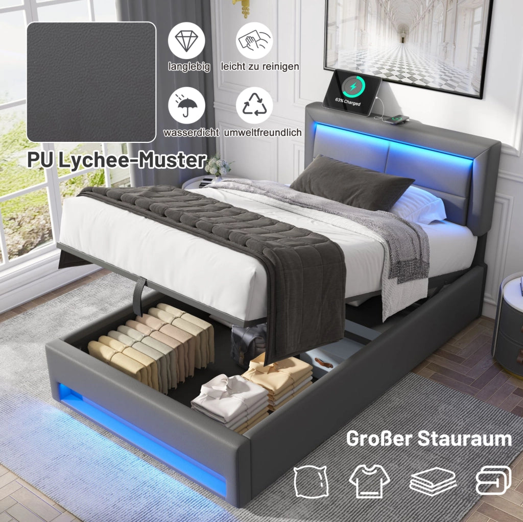 Letto imbottito singolo 90x200 cm con LED, USB e ricarica wireless