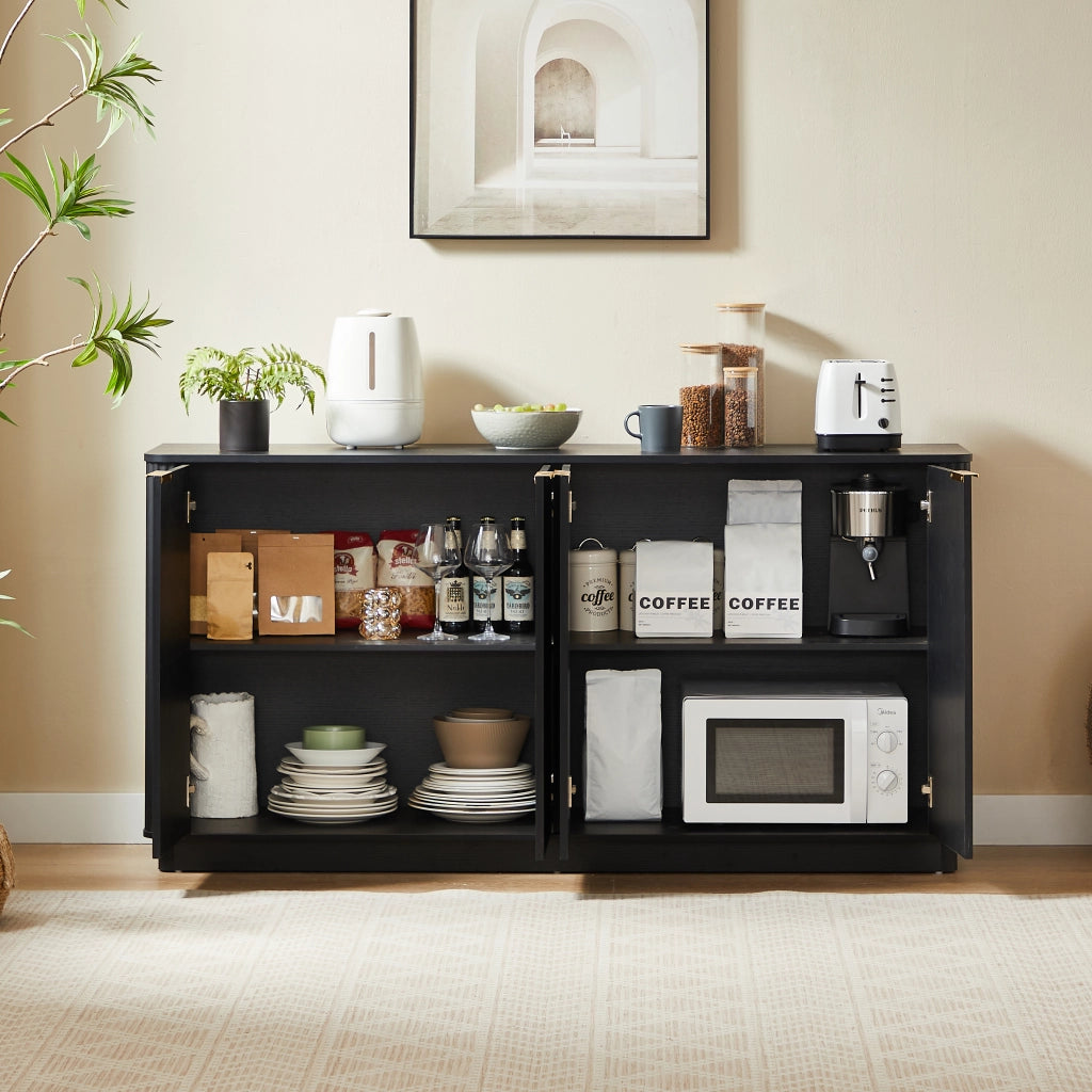 Madia a 4 ante con superficie ondulata in MDF nero e maniglie dorate con ripiano centrale 160 × 40 × 80 cm