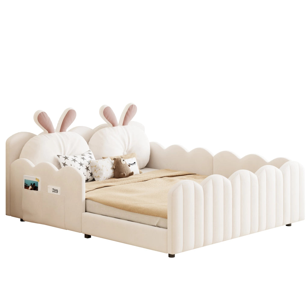 Letto a piattaforma imbottito 140x200 cm con cuscino a coniglio; beige