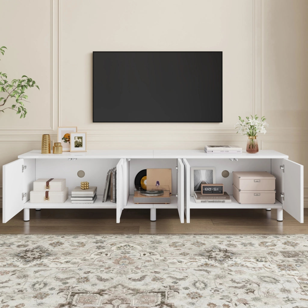 Mobile porta TV con 5 ante e passacavi, piedi in metallo, in MDF e PB, per soggiorno, bianco, 180 × 38 × 45 cm